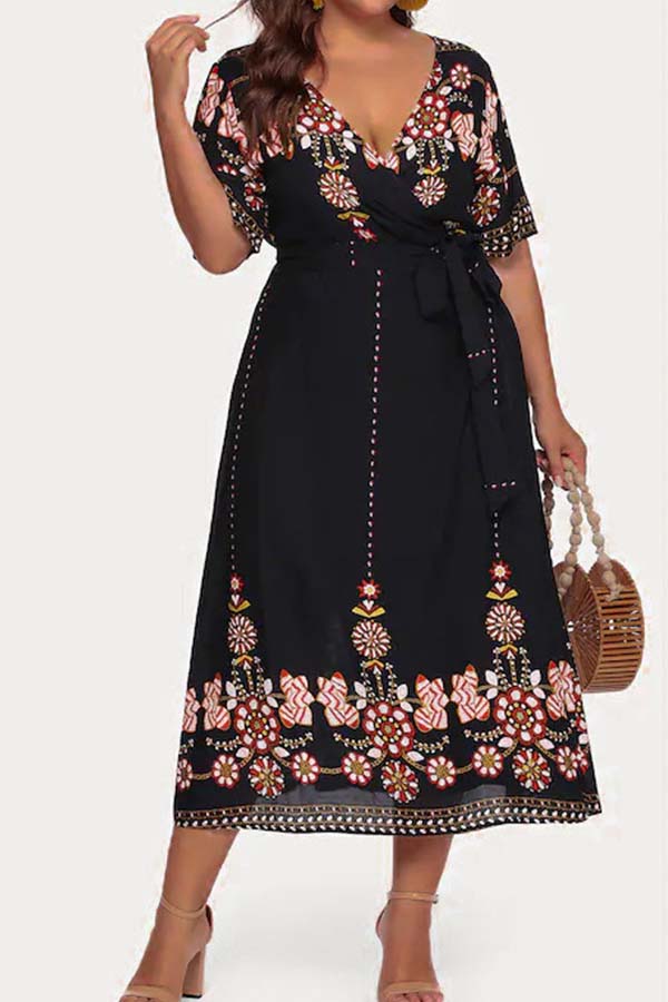 

Lovely Bohemian Print Dark Blue Mid Calf Plus Size Dress