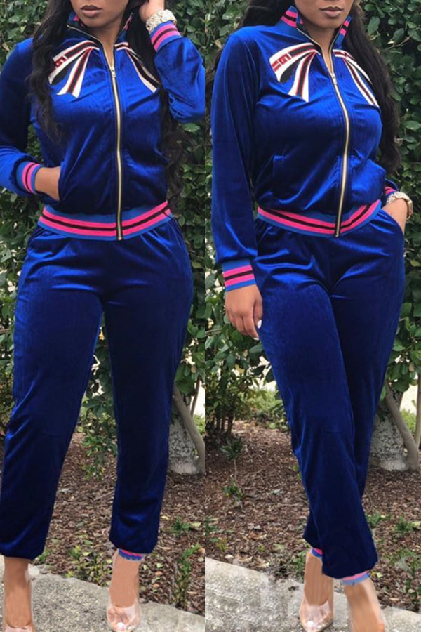 

Lovely Trendy Zipper Design Blue Two-piece Pants Set