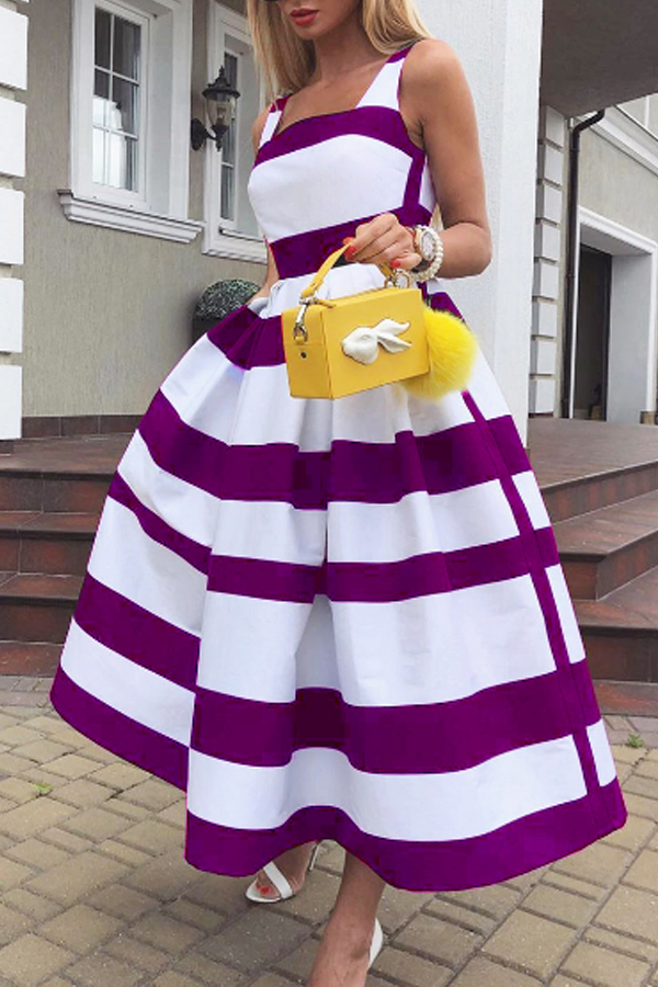 

Lovely Casual Striped Print Purple Mid Calf Dress, Purple stripes