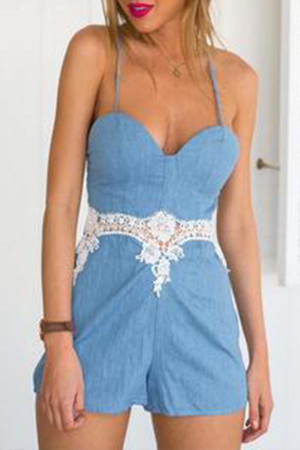 

Lovely Casual Basic Patchwork Sky Blue One-piece Romper, Skyblue