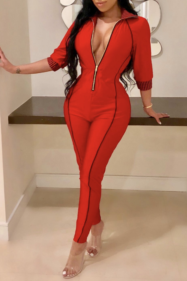 Lovely Chic Zipper Design Red One-piece Jumpsuit
