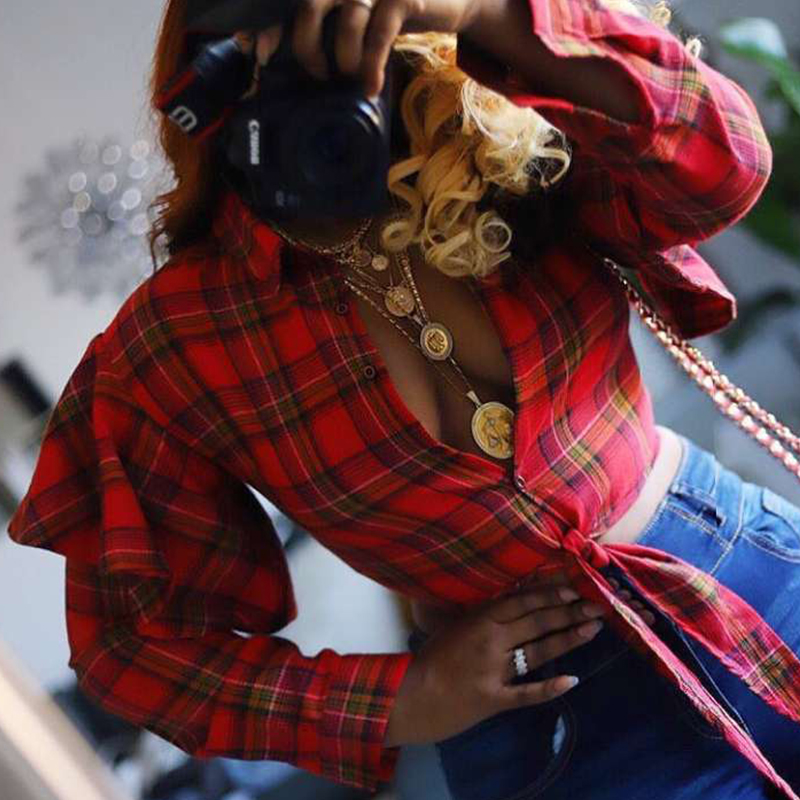 

Lovely Chic Plaid Print Red Blouse