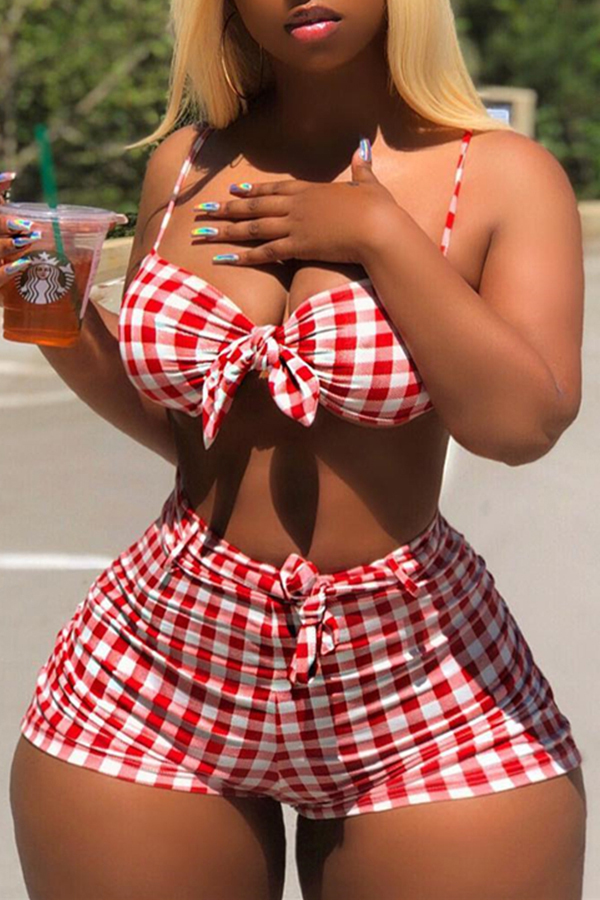 

Lovely Casual Plaid Print Red Two-piece Shorts Set