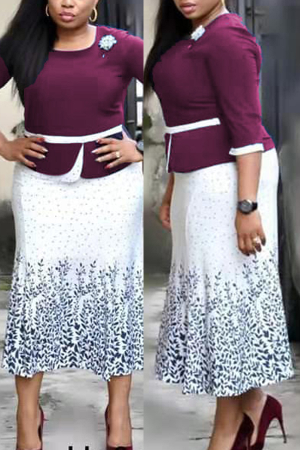 

Lovely Casual Patchwork Purple Mid Calf Plus Size Dress
