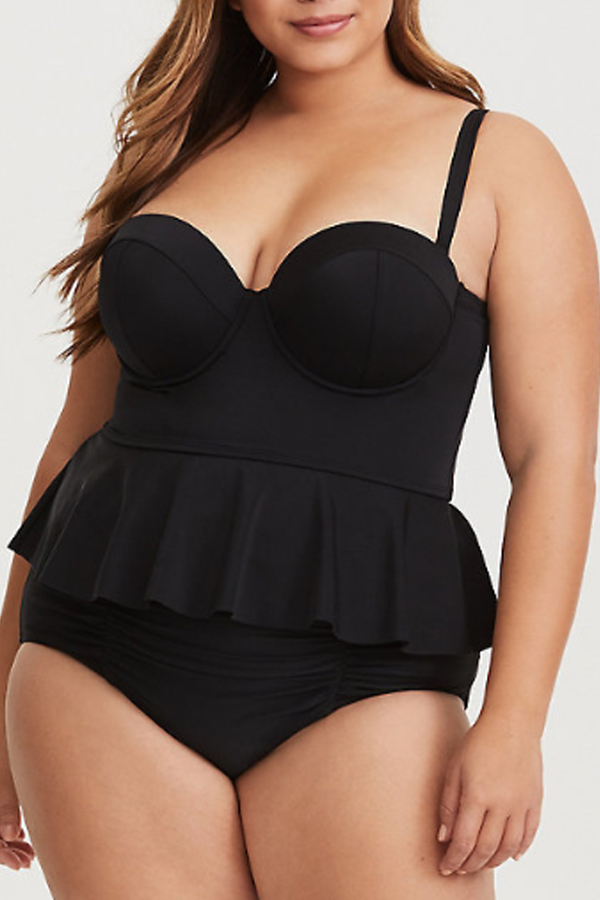 

Lovely Flounce Black Plus Size Two-piece Swimsuit