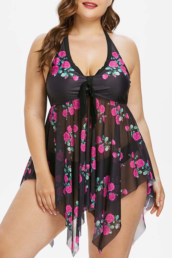

Lovely See-through Rose Red Plus Size Two-piece Swimsuit