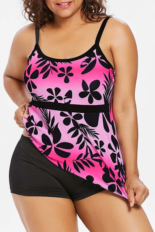 

Lovely Print Basic Rose Red Plus Size Two-piece Swimsuit
