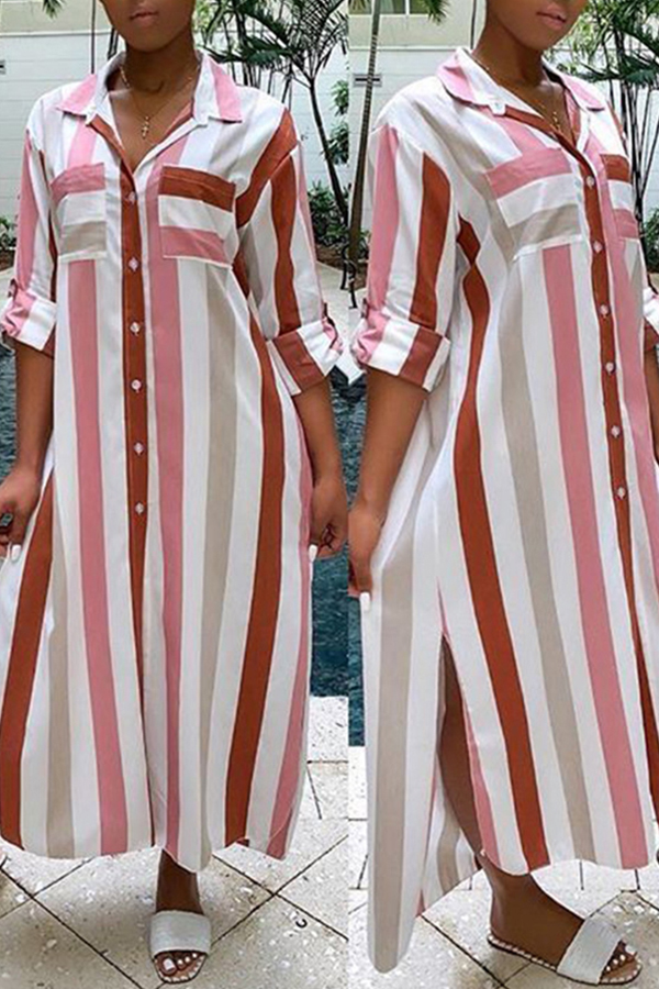 

Lovely Chic Striped Loose Pink Ankle Length Dress