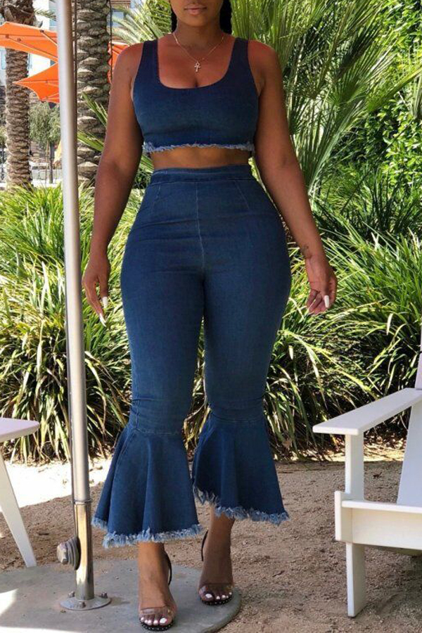 

Lovely Stylish Crop Top Flounce Blue Two-piece Pants Set, Dark blue