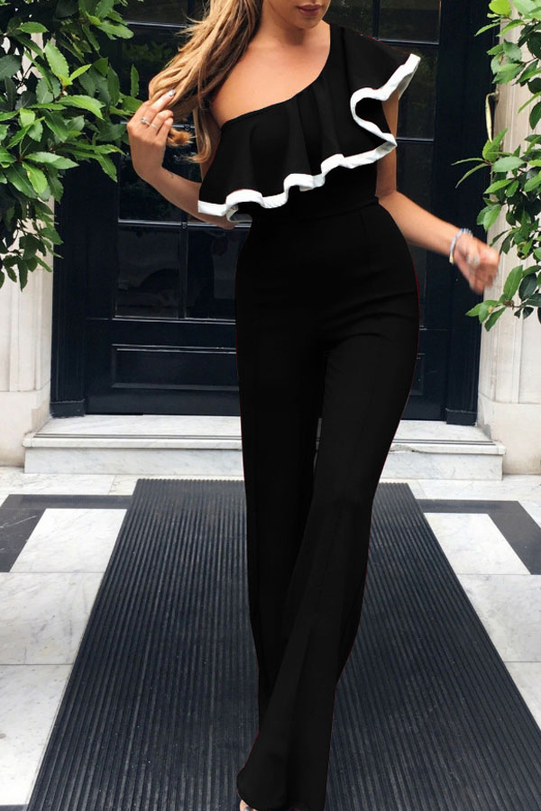 

Lovely Trendy One Shoulder Flounce Black One-piece Jumpsuit