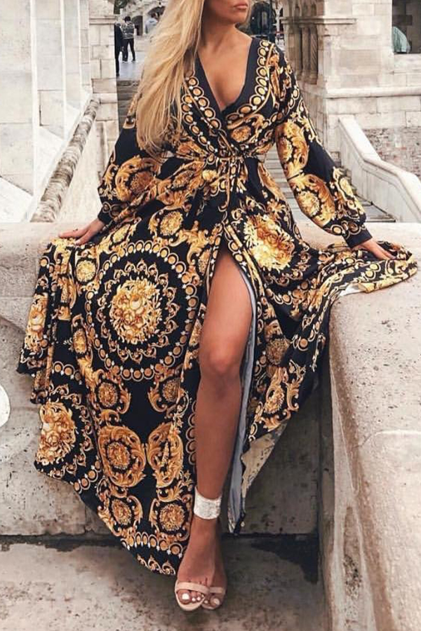 

Lovely Casual V Neck Print Yellow Ankle Length Dress