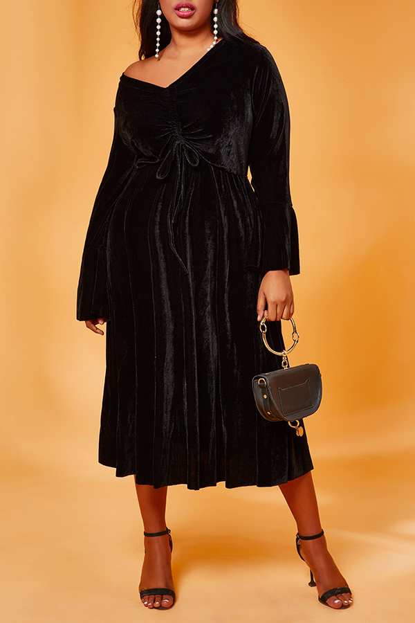 

Lovely Casual V Neck Lace-up Black Mid Calf Plus Size Dress