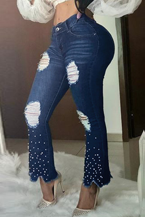 

Lovely Trendy Hollow-out Deep Blue Jeans