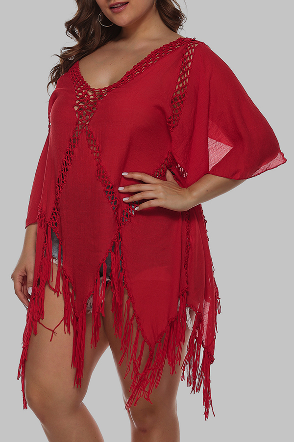 

Lovely Casual See-through Red Plus Size Cover-up
