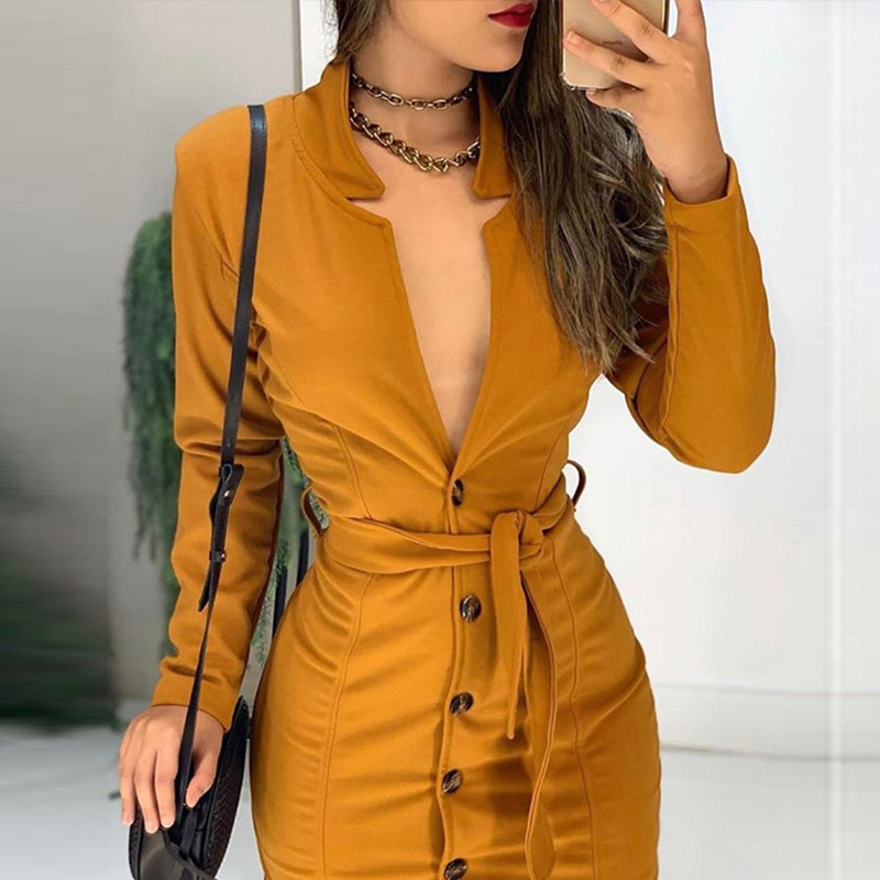 

Lovely Casual V Neck Button Brown Mini Dress