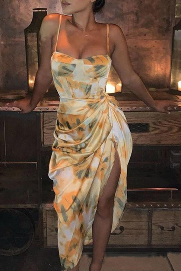 

Lovely Bohemian Fold Design Print Light Yellow Mid Calf Dress