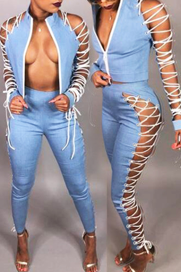 

Lovely Casual Hollow-out Baby Blue Two-piece Pants Set