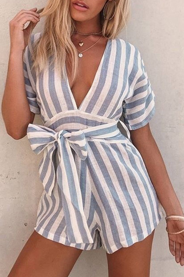 

Lovely Chic Deep V Neck Striped Blue One-piece Romper