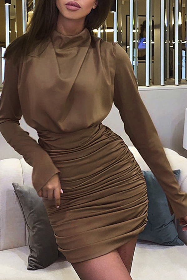 

Lovely Chic Fold Design Brown Mini Dress