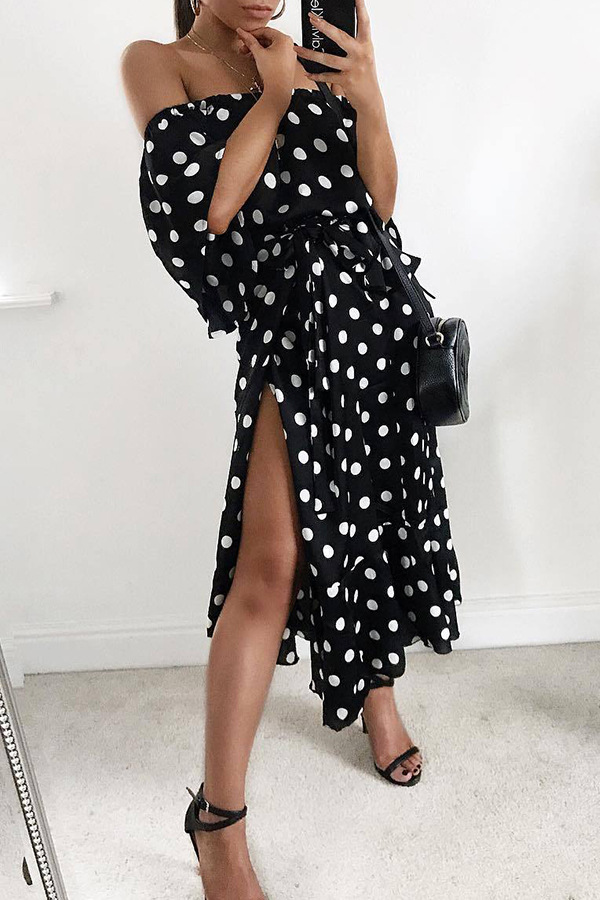 

Lovely Trendy Dot Print Black Mid Calf Dress