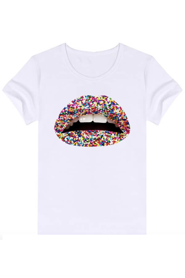 

Lovely Casual Lip Print Pure White T-shirt