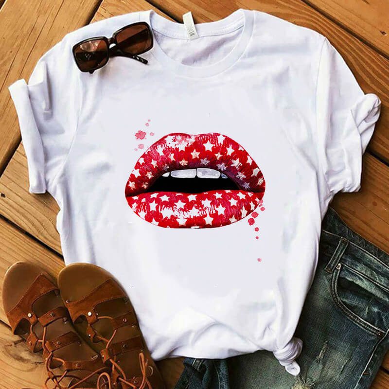 

Lovely Casual Lip Milk White T-shirt