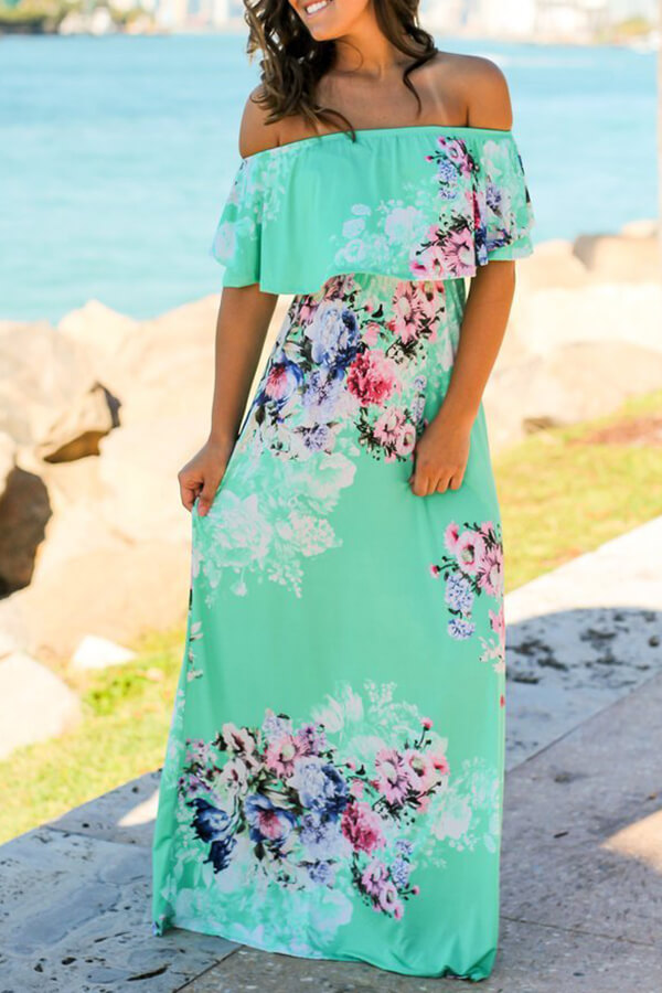 

Lovely Chic Print Flounce Light Green Dress