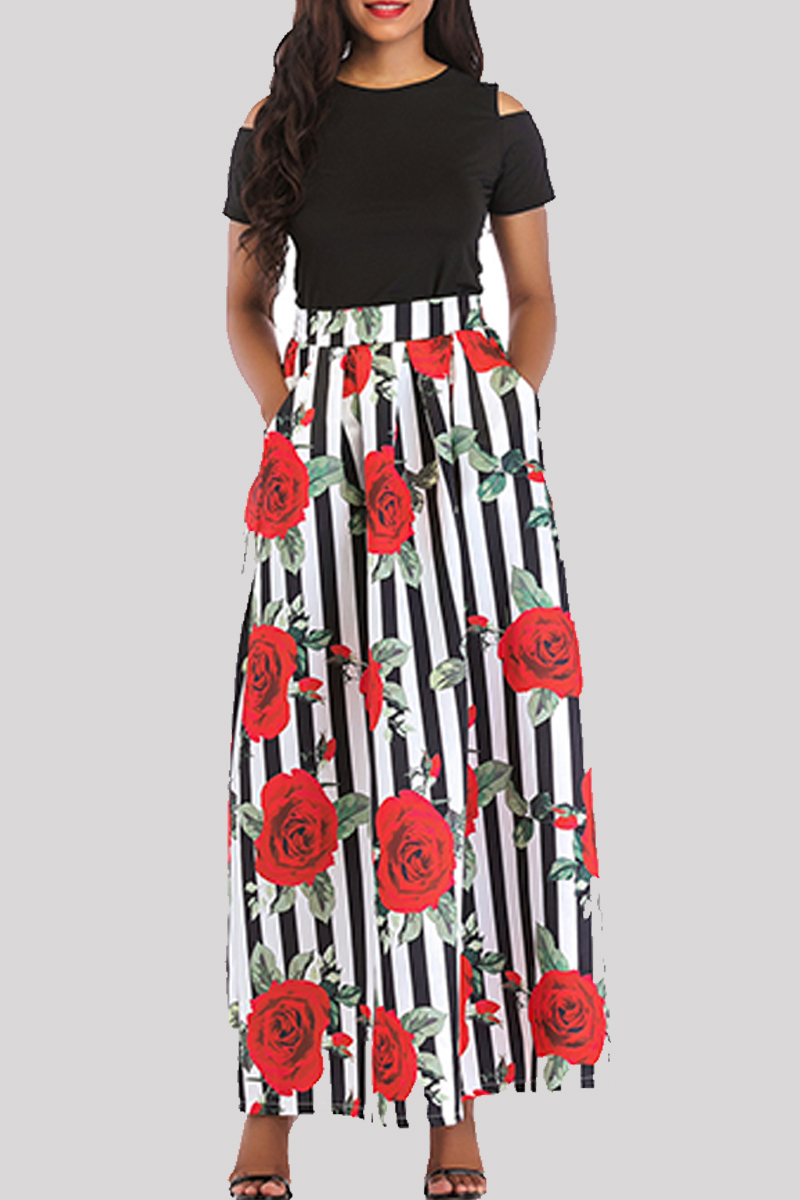 

Lovely Chic Striped Print Red Two-piece Skirt Set