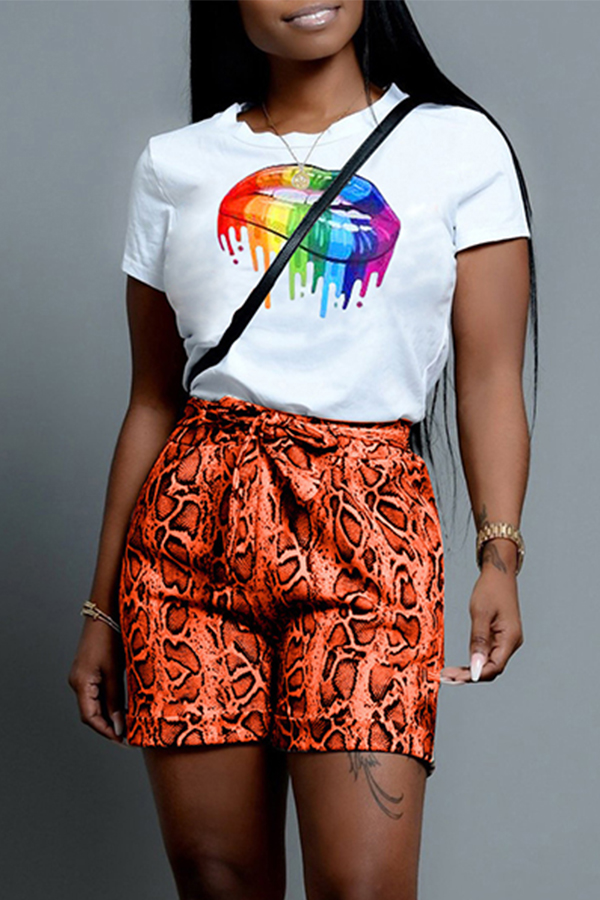 

Lovely Chic Lip Print Oange Two-piece Shorts Set, Orange