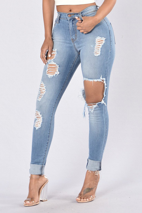 

Lovely Trendy Hollow-out Baby Blue Jeans