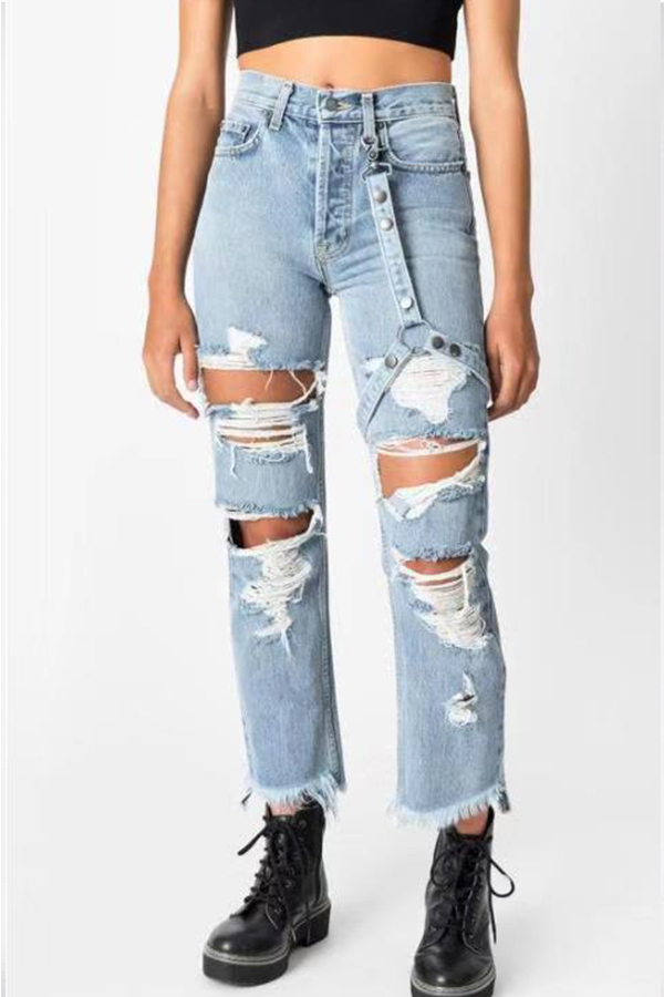 

Lovely Trendy Hollow-out Baby Blue Jeans