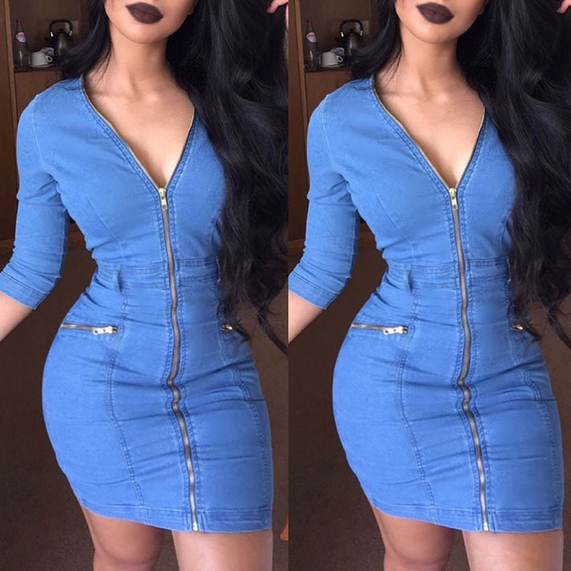 

Lovely Casual V Neck Zipper Design Baby Blue Mini Dress