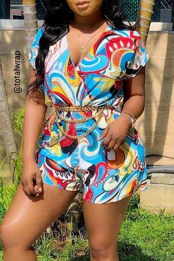 

Lovely Bohemian V Neck Print Blue One-piece Romper