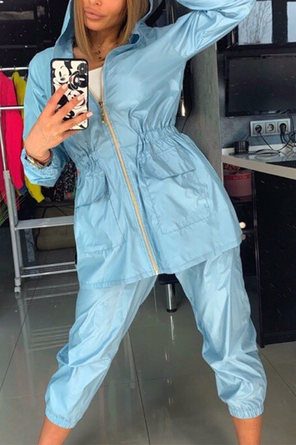 

Lovely Chic Hooded Collar Loose Baby Blue Two-piece Pants Set