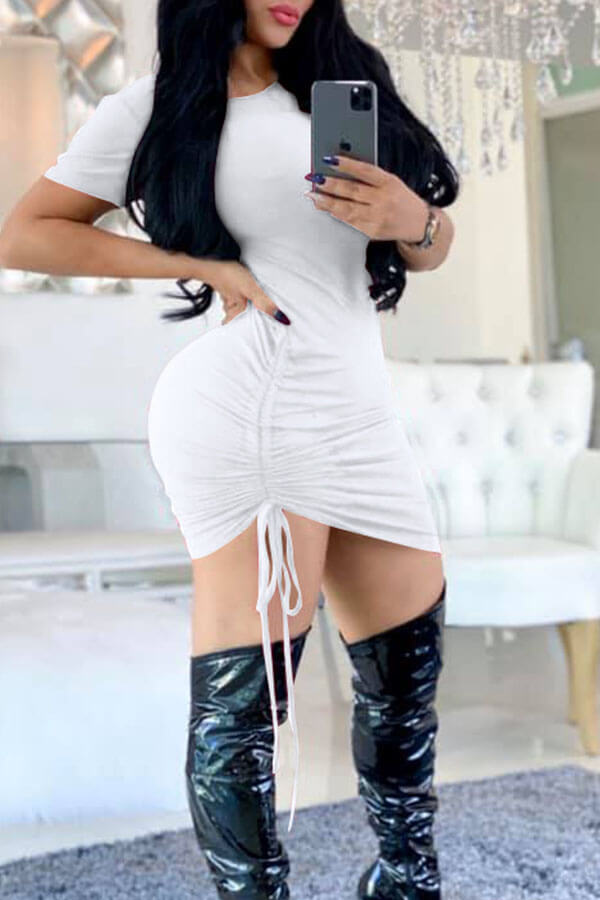 

Lovely Casual Drawstring White Mini Dress