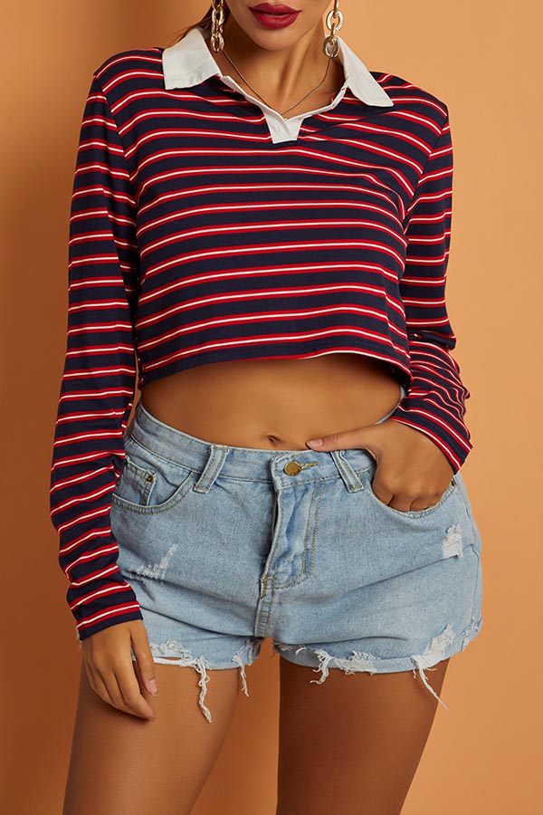 

Lovely Chic Turndown Collar Striped Red T-shirt, Red stripe