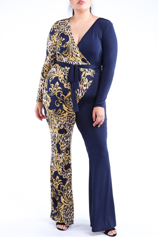 

Lovely Bohemian V Neck Print Blue Plus Size One-piece Jumpsuit