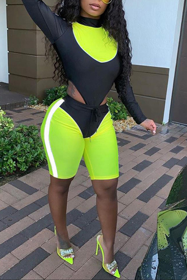 

Lovely Casual Patchwork Yellow Two-piece Shorts Set