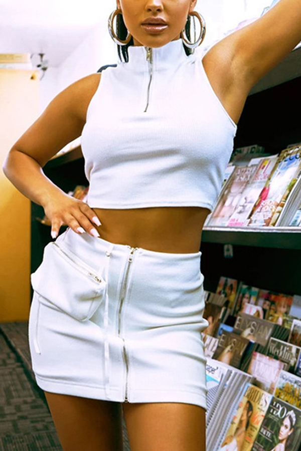 

Lovely Chic Zipper Design White Two-piece Skirt Set
