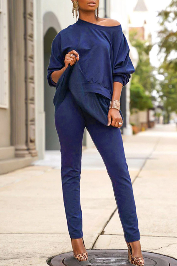 

Lovely Leisure Loose Deep Blue Two-piece Pants Set