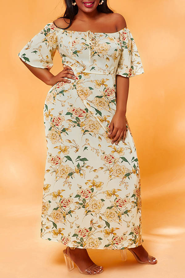 Lovely Chic Floral Print White Ankle Length Plus Size Dress