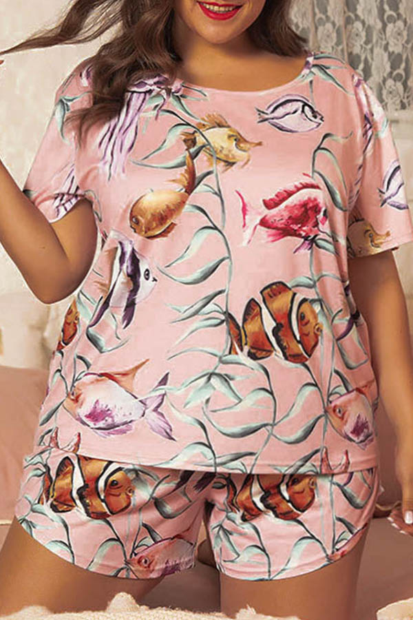 

Lovely Casual Print Pink Plus Size Two-piece Shorts Set