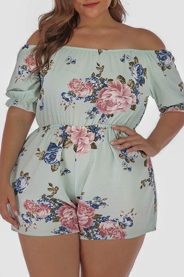 Lovely Bohemian Print Blue Plus Size One-piece Romper
