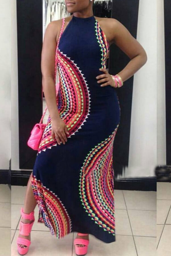 

Lovely Chic Print Dark Blue Ankle Length Dress
