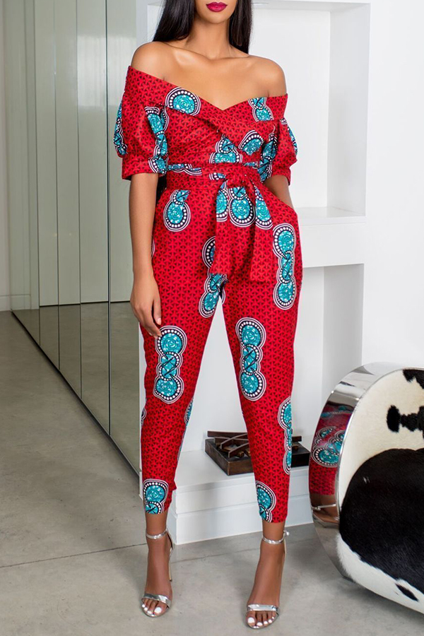 

Lovely Trendy V Neck Print Red One-piece Jumpsuit