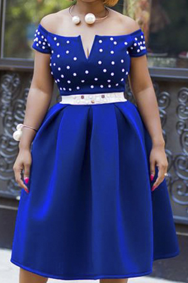 

Lovely Chic Dot Print Royal Blue Knee Length Dress, Royalblue