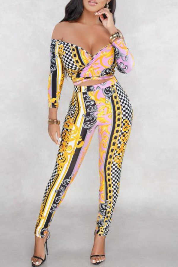 

Lovely Chic V Neck Print Pink Two-piece Pants Set