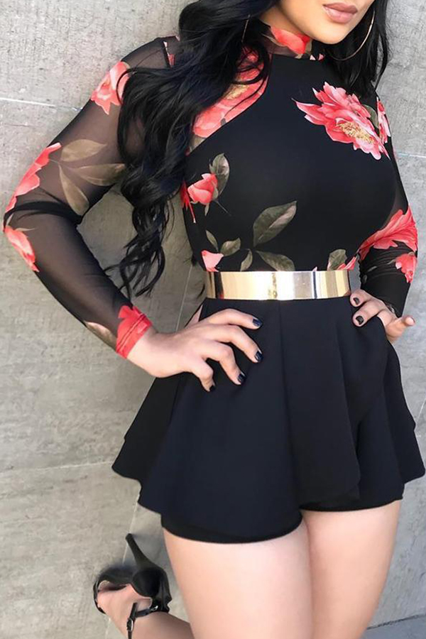 

Lovely Casual Print Black One-piece Romper