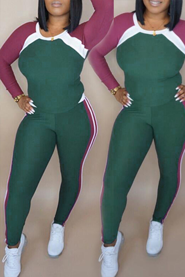 

Lovely Casual Patchwork Green Two-piece Pants Set