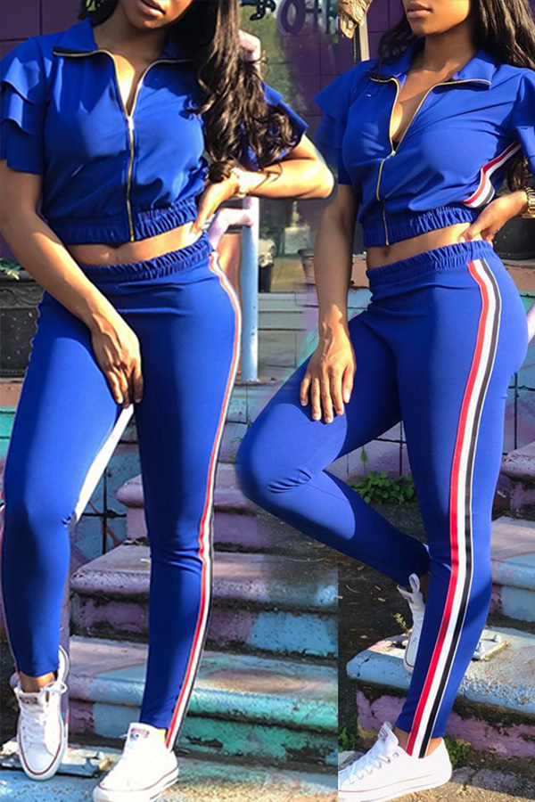 

Lovely Casual Striped Blue Two-piece Pants Set